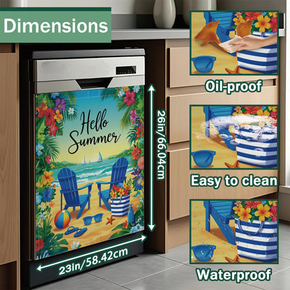 Summer Beach Refrigerator Magnet Cover,Tropical Flowers Washable Dishwasher Magnets Decorative Cover,Home Kitchen Decorative Dishwasher Front Panel Cover 23x26 Inch