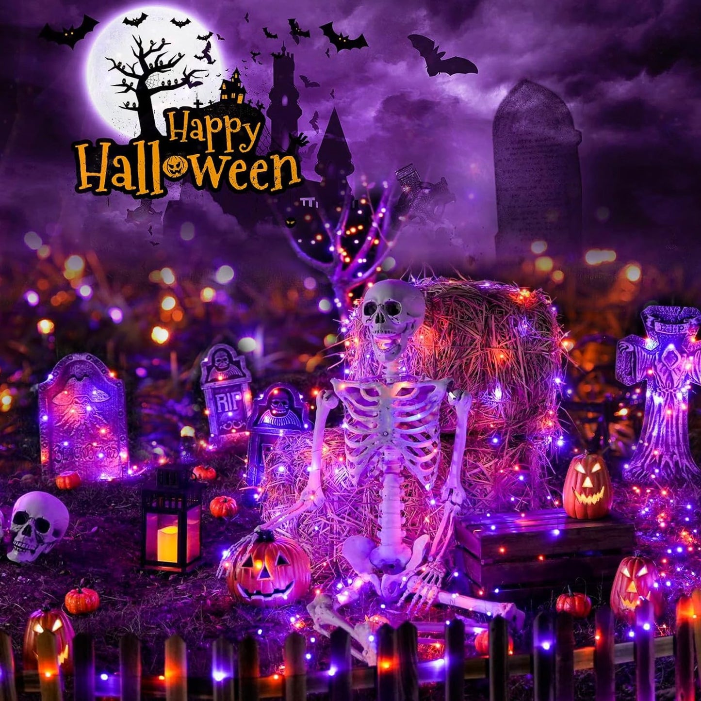 SyouHome 6-Pack Solar String Lights, 600 LED Extra-Long 236Ft Solar Halloween Lights Outdoor Waterproof, 8 Modes Led Halloween Light for Garden, Patio, Wedding(Purple & Orange)