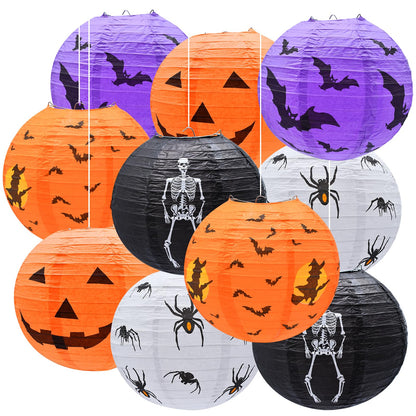 10-Pack Halloween Paper Lanterns Set – 10" Hanging Pumpkin Skeleton Bat Spider Witch Lanterns for Indoor Outdoor Halloween Party, Porch, Classroom Decorations