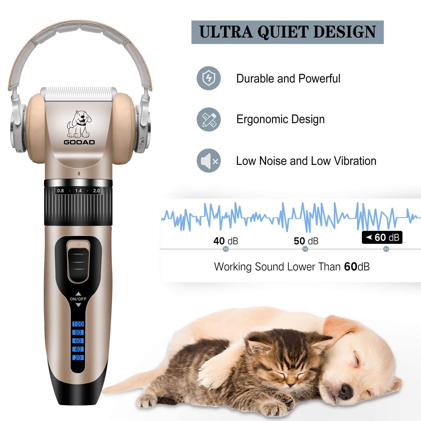 Gooad Dog Clippers for Grooming,Dog Grooming Kit for Heavy Thick Hair&Coats/Low Noise Rechargeable Cordless Hair Trimmer/Pet Shaver with Paw Trimmer for Small & Large Dogs Cats