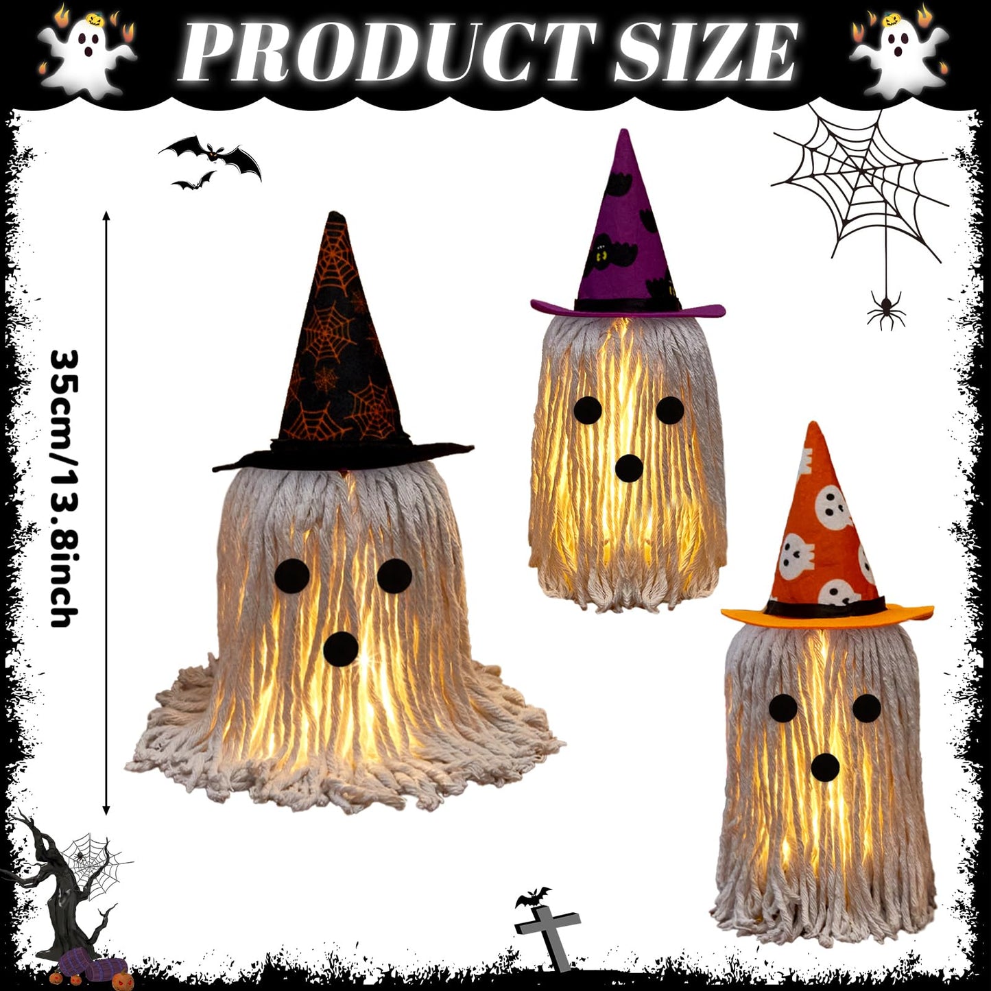 Halloween Ghost Decoration Indoor 3 Pack Light Up Standing Spooky Ghosts with Witch Hats, Halloween Table Decor Cute Ghost Boo Kitchen Tabletop Party Decor and Holiday Decorations