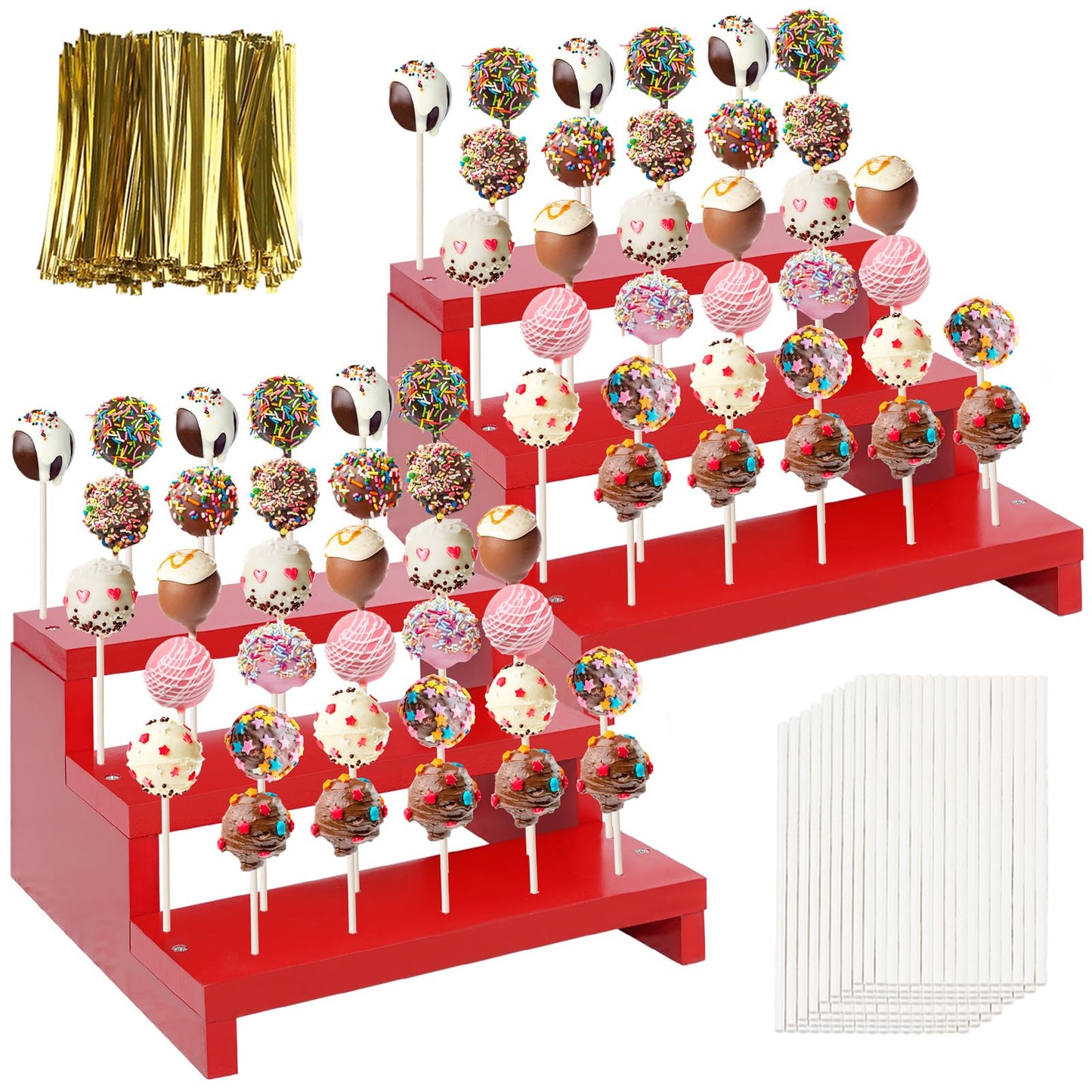 KHayRovies 2 Pcs Cake Pop Stand, 3 Tier Wood Cake Pop Holder Display Risers with Twist Ties Lollipop Sticks, 33 Hole Lollipop Holder for Dessert Table of Wedding Birthday Party (Red-2P)