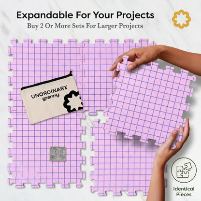 Unordinary Granny Crochet Blocking Board Set – 9 Extra Thick Interlocking Mats with Grid, 150 T-Pins, Felt Storage Bag and Cotton Pouch (Blush Pink)