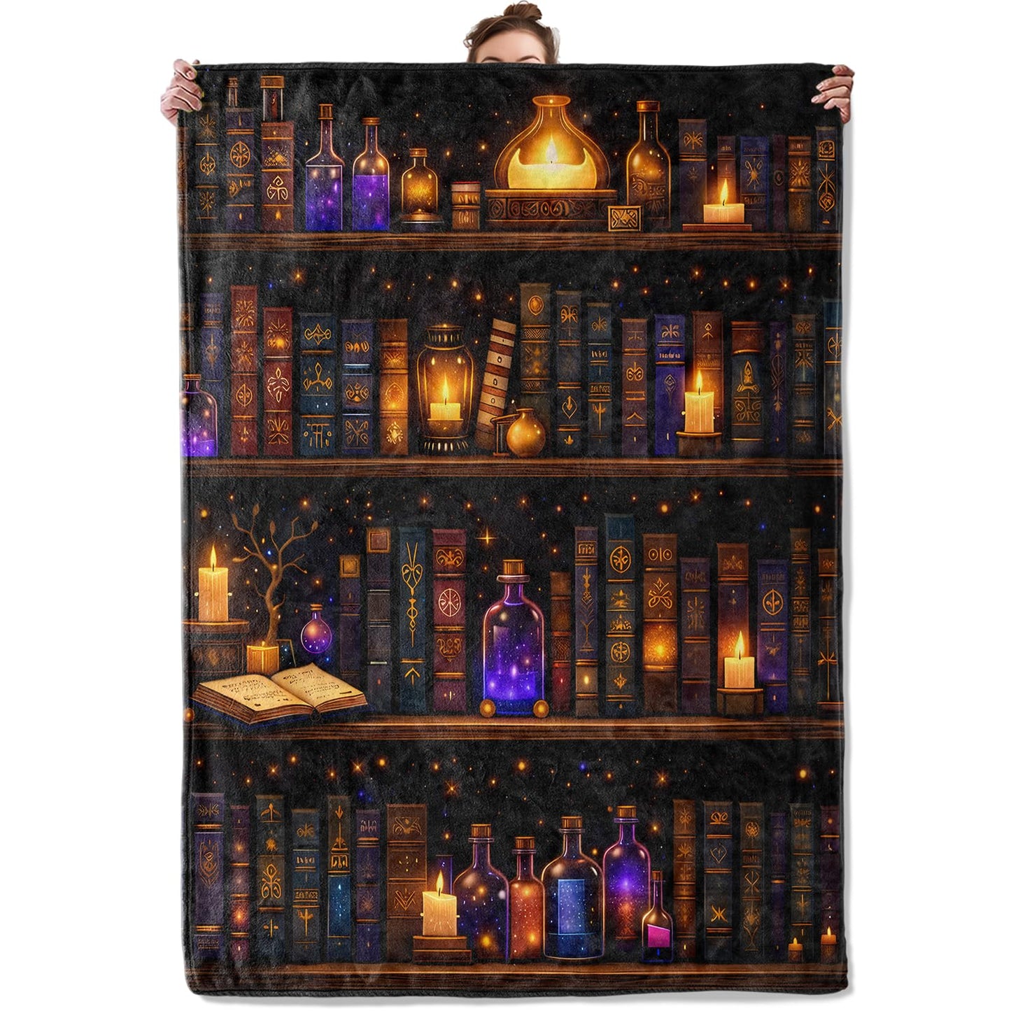 TRYYN Magic Book Flannel Throw Blanket Potion Bottle Candle and Bookshelf Pattern Dark Fantasy Decor for Dreamy Lovers Cozy Lightweight Fleece Blankets Bedroom Reading Nook Gifts, 50x60inch