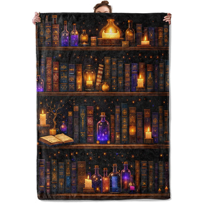 TRYYN Magic Book Flannel Throw Blanket Potion Bottle Candle and Bookshelf Pattern Dark Fantasy Decor for Dreamy Lovers Cozy Lightweight Fleece Blankets Bedroom Reading Nook Gifts, 50x60inch