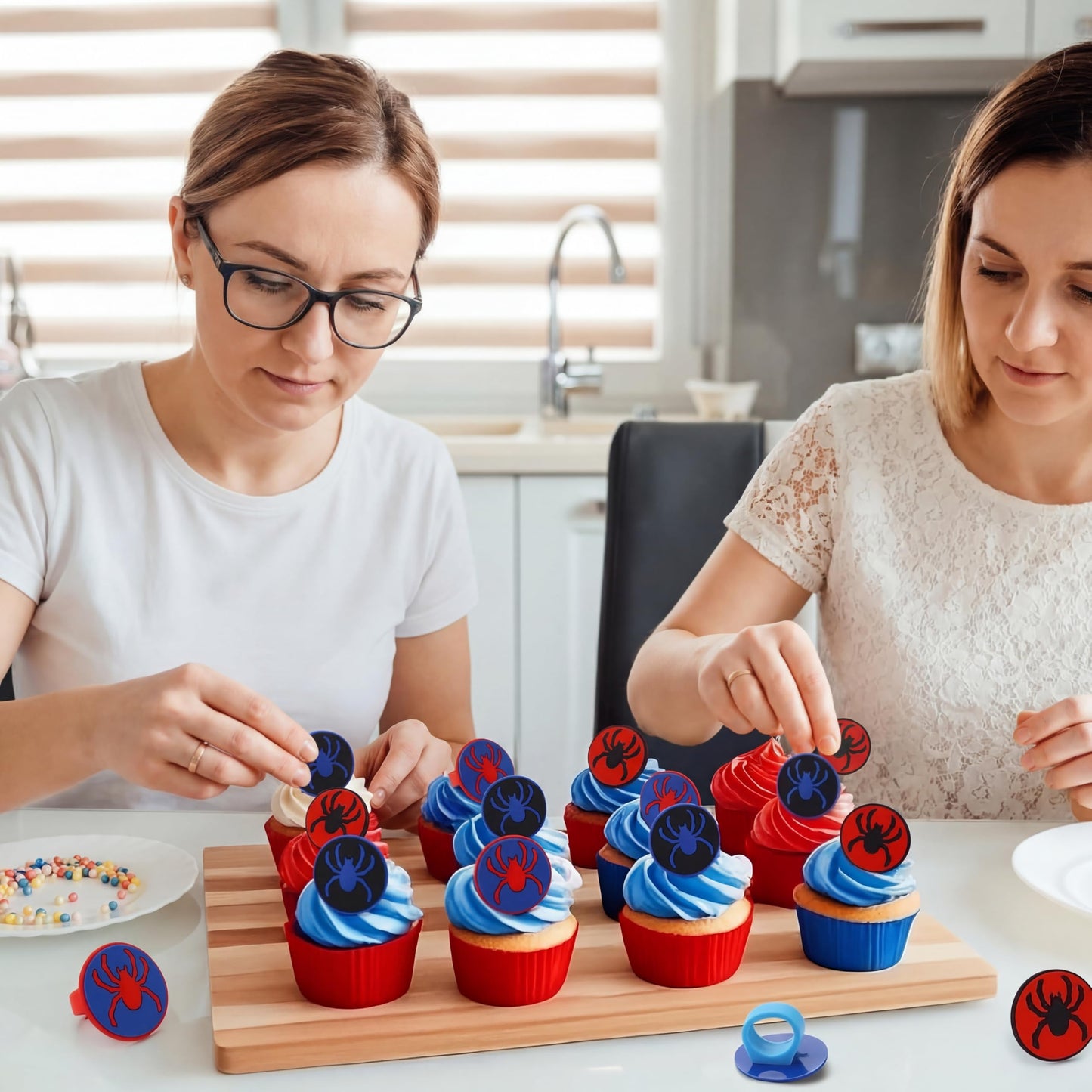 RoundFunny 48 Pcs Spider Cupcake Toppers Cake Decorations Spider Birthday Party Decoration Cupcake Dessert Rings Toppers for summer Party Gifts Classroom Prizes(Red/blue/black)