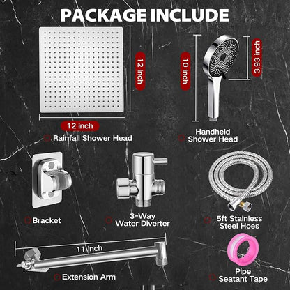 Shower Head,12”Rain Shower Head with Handheld Spray Combo and Adjustable Extension Arm/Shower System,High Pressure Rain Fall Hose,Chrome