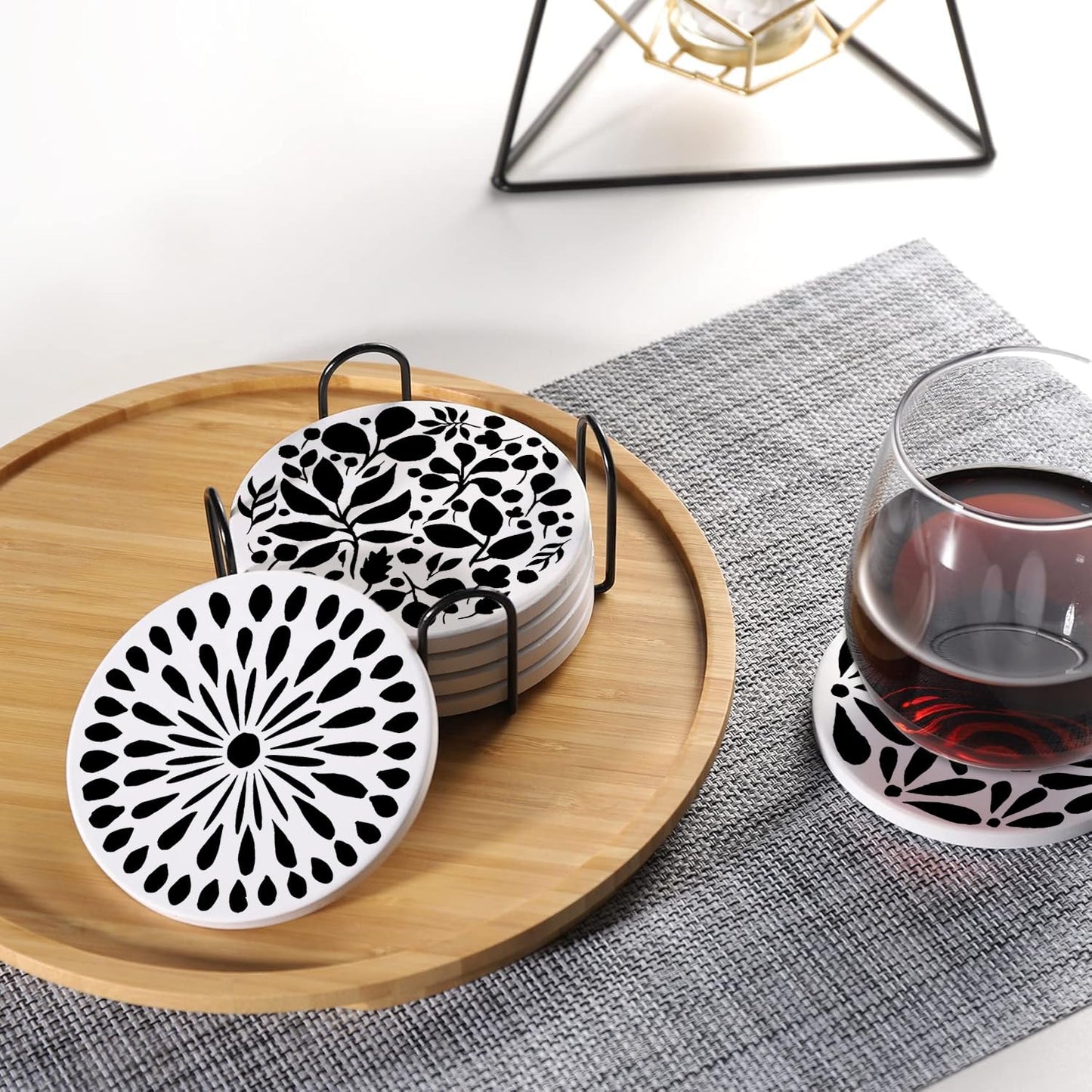 Aowced Drink Absorbent Coasters with Holder Set of 6, Ceramic Stone with Cork Base, Modern Black White Abstract Geometric Coaster for Drinks, Gift for Housewarming Room Bar Home Decor Kitchen