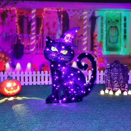 Halloween Decorations Outside Witch Cat - HOYECHI Outdoor Halloween Decor Lighted Black Cat 2ft, Light Up Cat with 85 Led Lights, Ground Stakes, for Front Yard Porch Gardens Lawns Party