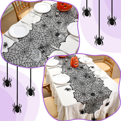 Windkream 18 x 72 Inch Halloween Table Runners Black Lace Spider Web Table Runner with Crawling Spider Gothic Halloween Decorations for Masquerade Themed Party Dinner Mantel Indoor Decor