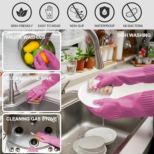 DABOGOSA Reusable Waterproof Household Dishwashing Cleaning Rubber Gloves, Non-Slip Kitchen Glove (Pink, Small (Pack of 3))