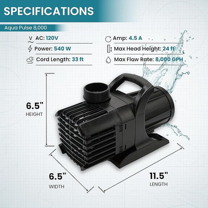 HALF OFF PONDS Submersible Water Pump, 8,000 GPH Pond Pump with 33FT Power Cord and 24FT Max Head, 540W Ultra Quiet Energy Efficient Pump for Koi Pond, Fountain, Waterfall, Water Garden, Skimmer