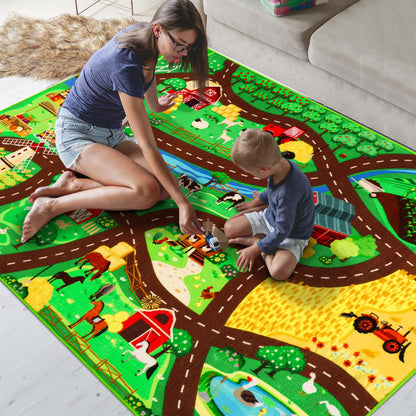 Kids Car Carpet,4'11" x 6'7" Car Rugs for Kids Toy Cars,Non-Slip Farmhouse Road Rug for Kid,Kid Room Race Track Rug,Pasture Track Mat Car Play Rugs for Playroom Bedroom Boys(for Age 2+)