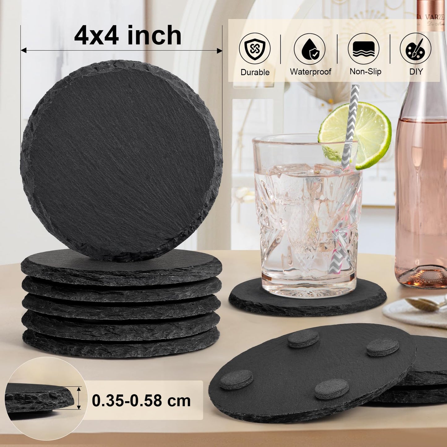 Slate Coasters with Holder, MAPRIAL 4 Inch Coaster Set of 12 Round Black Slate Stone DIY Coasters with Anti-Scratch Backing for Halloween Christmas, Bar, Kitchen, Home Decor, Gifts for Mom, Dad