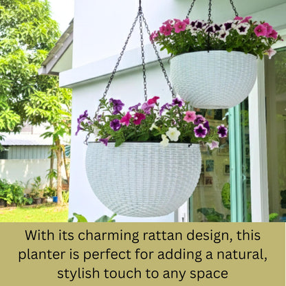LaLaGreen Bundle- 4 Pack, 11 Inch Self Watering Hanging Basket + 2 Pack, 14 Inch White Rectangular Planter Window Flower Box with Bracket Round Plant Pots Outdoor Balcony Patio Porch Deck Garden Decor
