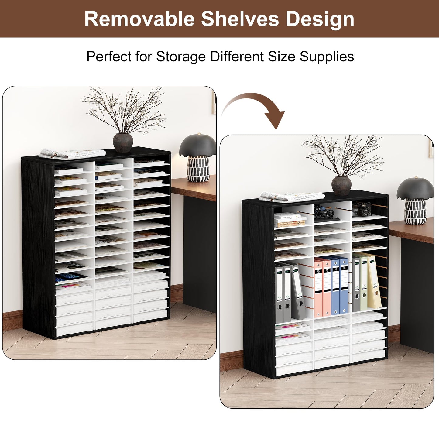 EasyPAG Wooden Literature Organizer with Adjustable Shelves, 48 Compartments Office Paper Organizer Storage 24000 Sheets Letter Size Paper, Student Mailbox for Classroom, Black/White