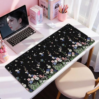 DINKY Leather Desk Protector Mouse Pad, Large Keyboard Mat, Non-Slip PVC Leather Blotter, Black Laptop Pad, Waterproof Writing Pad for Office Home 35.4" x 15.7", Flower Rain