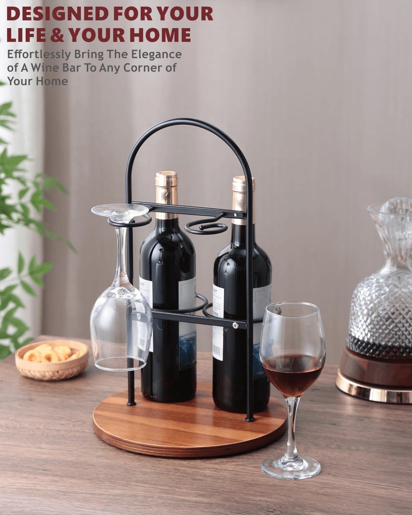Wine Bottle and Glass Holder for Countertop | Small Wine Rack for 2 Bottles & 2 Glasses | Modern Tabletop Wine Storage with Round Wood Base | Freestanding Wine Stand & Caddy for Home Bar (Black)