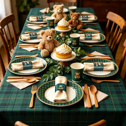 Whaline 200Pcs Tartan Plaid Bear Napkin Ring Cute Bear Self-Adhesive Napkin Holder Baby Shower Paper Dinner Table Ring for Birthday Gender Reveal Party Table Setting Decorations