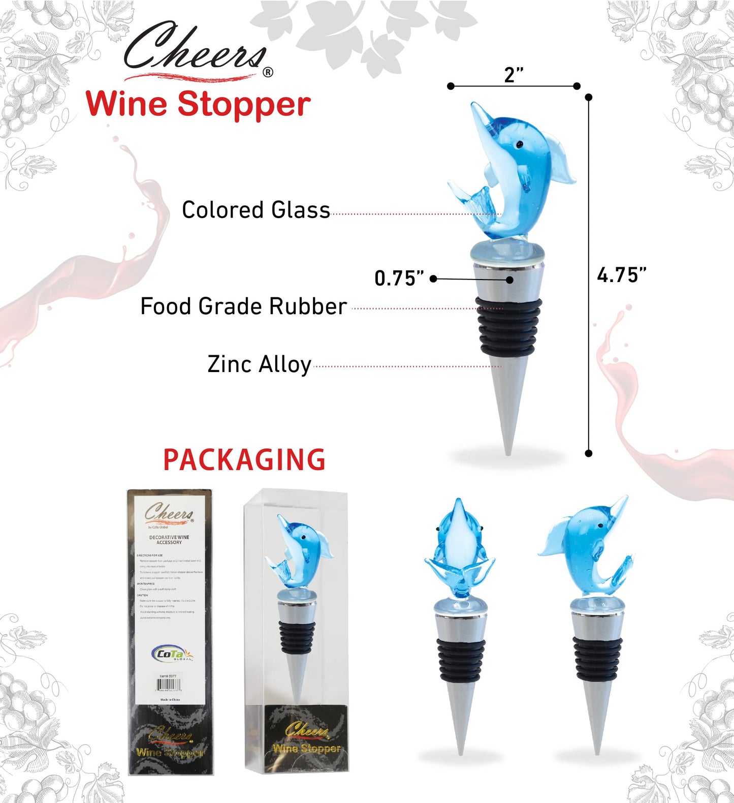 Cheers Dolphin Glass Wine Stopper – Elegant Vacuum Seal Reusable Nautical Ocean Life Wine Bottle Stopper – Airtight Leak Proof Bottle Topper Cork Plug, Cute Home Decor & Bar Tool Accessory Gift
