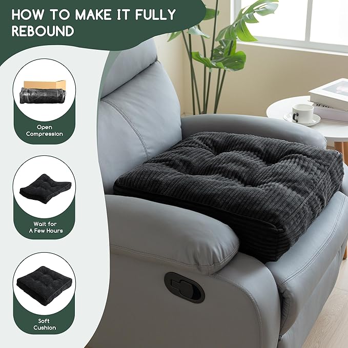 Tufted Corduroy Recliner Seat Cushion for Elderly, High Density Foam Large Square Seat Cushion for Recliner Chair, Floor Pillow, Office Chair, Car, No Pressure on Thighs, 20x20x4