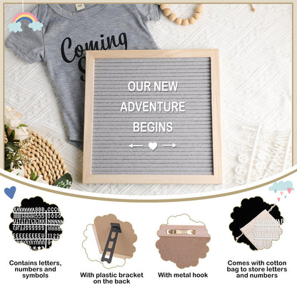 Canlierr 9 Pcs Pregnancy Announcement Set Pregnancy Reveal Ideas Felt Letter Board Baby Bodysuit Booties Photo Frame Bear Plush Wood Blocks for Coming Soon Baby Announcement(Gray)
