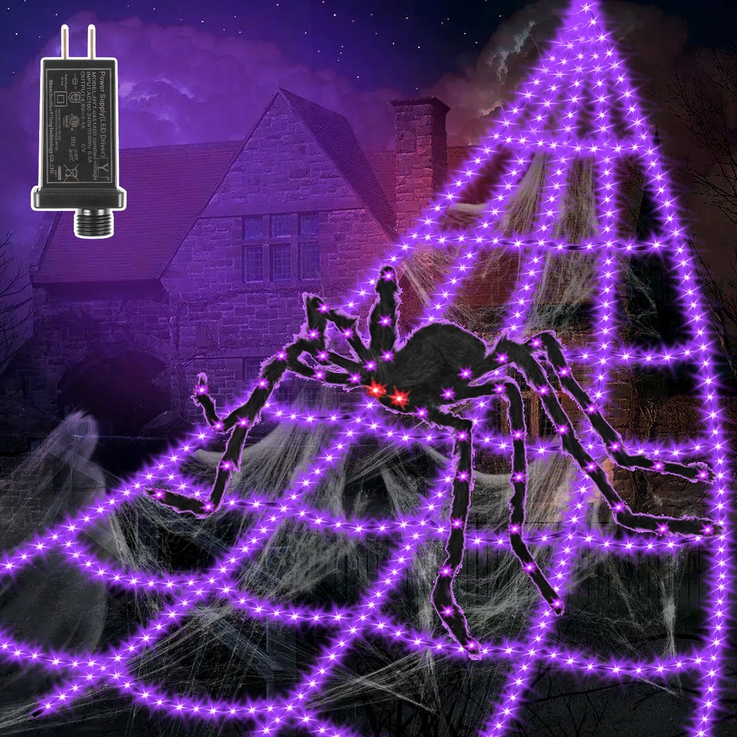 Halloween Decorations Outdoor Spider Web Lights - 16.4Ft Light Up Spider Web with 550 LEDs, Waterproof, 8 Modes Memory Function for Outdoor Yard Halloween Decorations (with Spider)