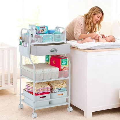 Baby Diaper Caddy Cart Organizer -3 Tier, Bedside Nursery Essentials Organizer & Storage Holder for Newborn Baby Stuff, 2+1 Dividers, 1 Drawer,Rolling Utility Cart for Bedroom,Changing Table, Crib.