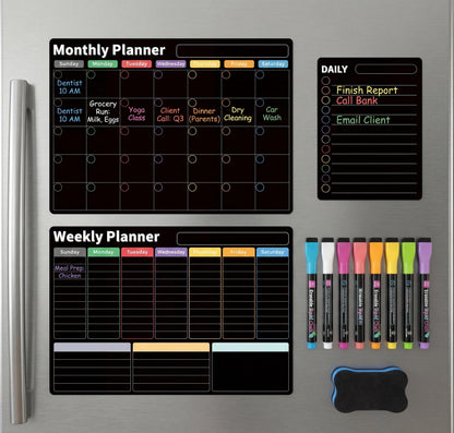 AUVIREC Magnetic Black Calendar for Refrigerator (3-Pack, Ships Flat) - 17"x12" Monthly, Weekly & Daily Planner with Lined Grids - Nano-Tech Dry Erase Fridge Board, 8 Neon Liquid Chalk Markers
