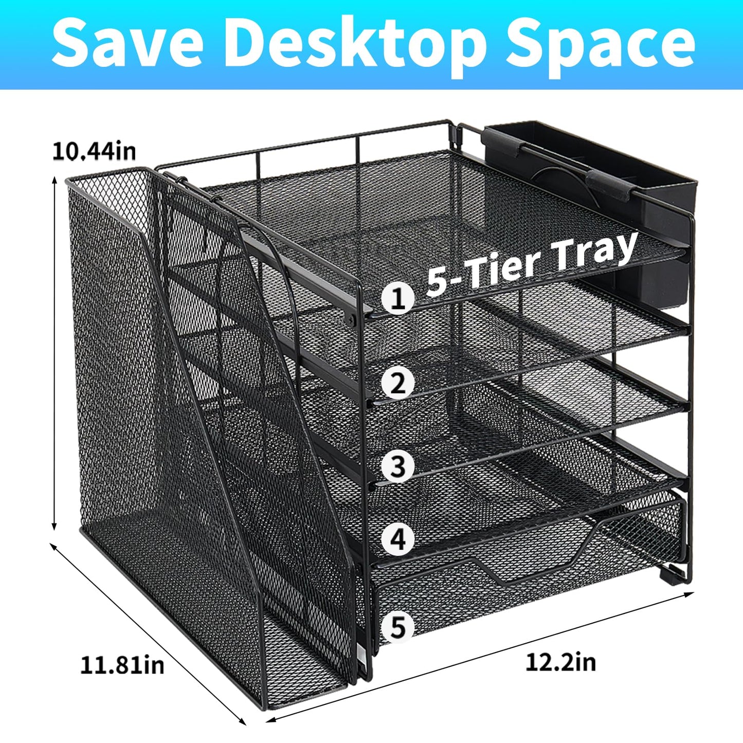 Gugsey Desk Organizers and Accessories, 5-Tier Paper Letter Tray Organizer with File Holder, Drawer & Pen Holder, Office Desk Accessories, Desktop Organizer for Classroom Office Supplies, Black