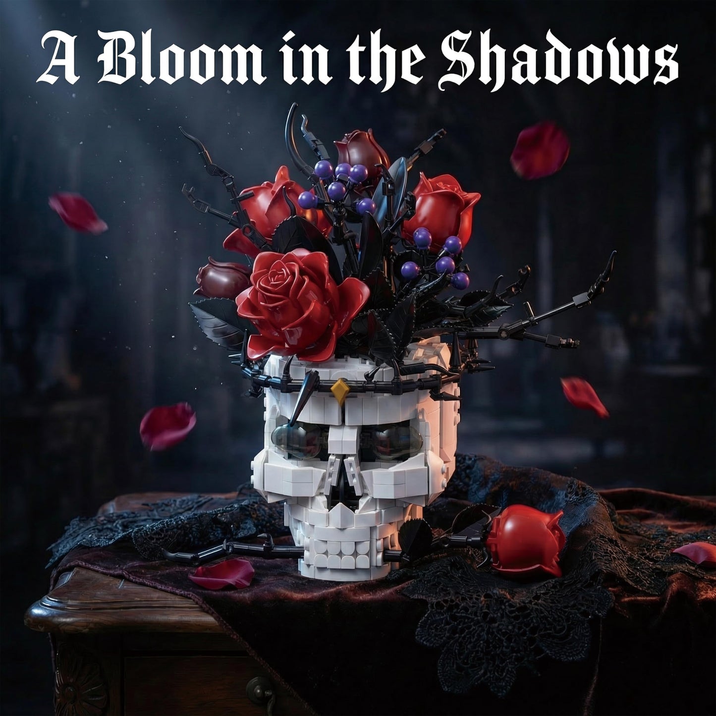Holexapyd Gothic Skull Roses Flower Building Set for Adults, Horror Botanical Skeleton Pot Home Table Decor, Cool Unique Collectible Halloween & Valentine's Day Gifts with Box (1376 PCS)