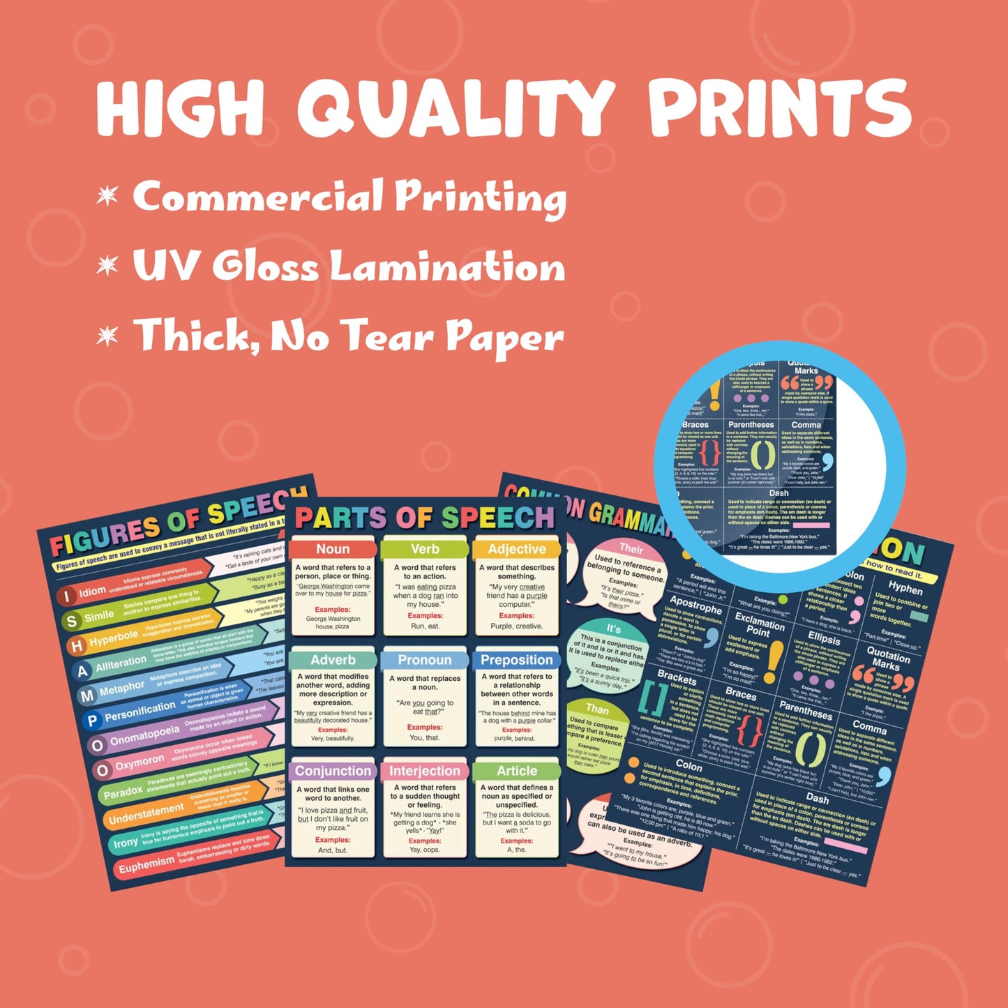 English Grammar Posters for Classroom - 4 English Language Educational Posters. Punctuation, Parts of Speech and Grammar Mistakes. Each poster is 11x17. Made in USA with a Dry-Erase UV Gloss Laminate