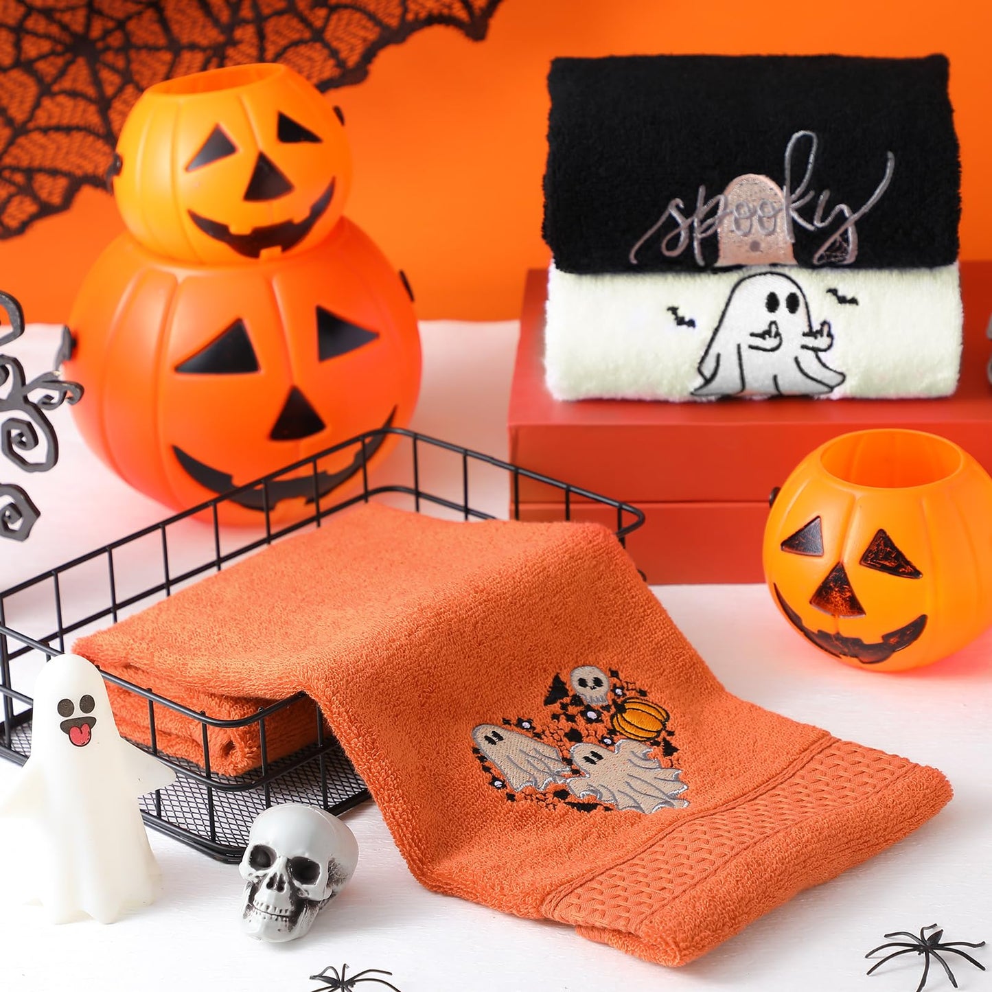 FuWeave 3 Pcs Halloween Hand Towels Funny Spooky Ghost Embroidered Decorative Hand Towels for Bathroom Kitchen Decor Set, 100% Cotton, 13.3 x 29.5 Inches