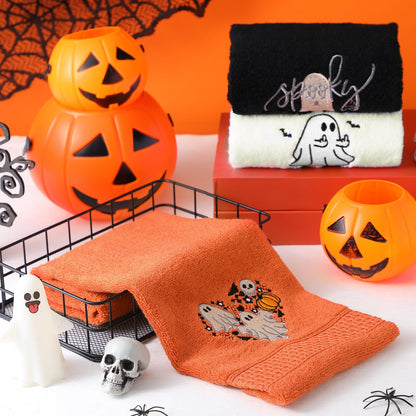 FuWeave 3 Pcs Halloween Hand Towels Funny Spooky Ghost Embroidered Decorative Hand Towels for Bathroom Kitchen Decor Set, 100% Cotton, 13.3 x 29.5 Inches
