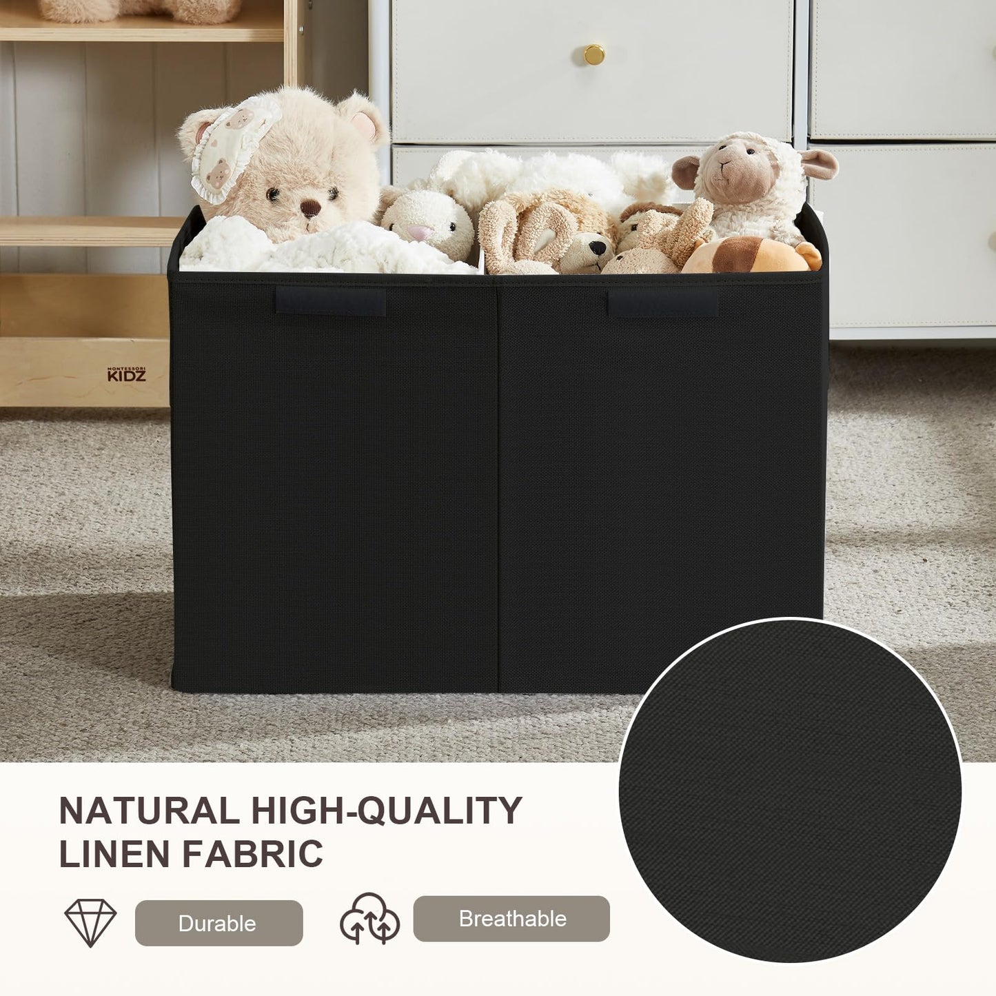 Roobyl Large Toy Storage Box with Lid, Collapsible Toys Storage Organizer Bins with Dividers and Handles, Storage Chest Bin for Kids, Boys, Girls, Nursery 25"x13" x16" (Black)