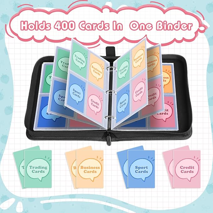 Premium 4 Pocket Trading Card Binder Holder 400 Cards with 50 Removable Sleeves | PU Leather Zipper Album Book for Sports Cards, Game | Card Storage & Organization for Girls Collector Strawberry Pink