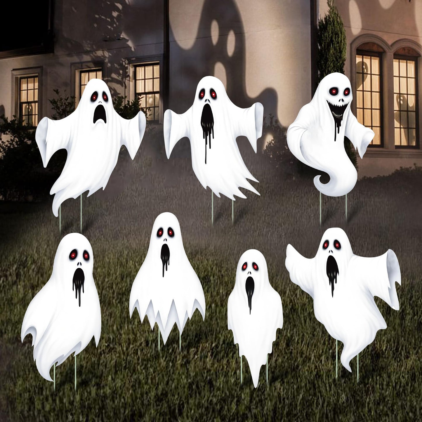 7 Pack Ghost Halloween Yard Signs, Large Halloween Yard Decorations with Stakes, Waterproof Scary Outdoor Holiday Ghost Decor for Yard Lawn Garden, 16” Big Size