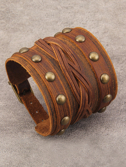 Jeilwiy Leather Cuff Bracelet for Men Multi Strap Leather Bracelet Mens Leather Wristband Brown Wrist Wrap Bracelet Wide Nordic Viking Bracelet