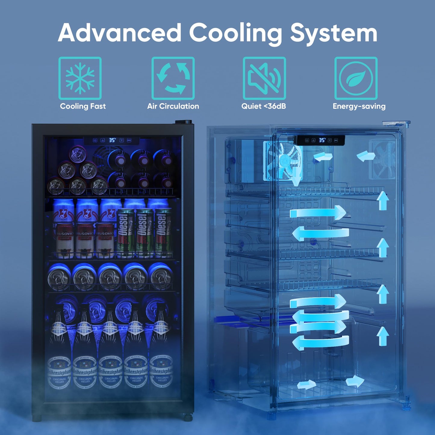 Tehanld Beverage Fridge, 130 Can Mini Fridge With Glass Door, Beverage Cooler Refrigerator, Wine Drink Beer Cooler, Adjustable Shelves & Digital Temperature Display
