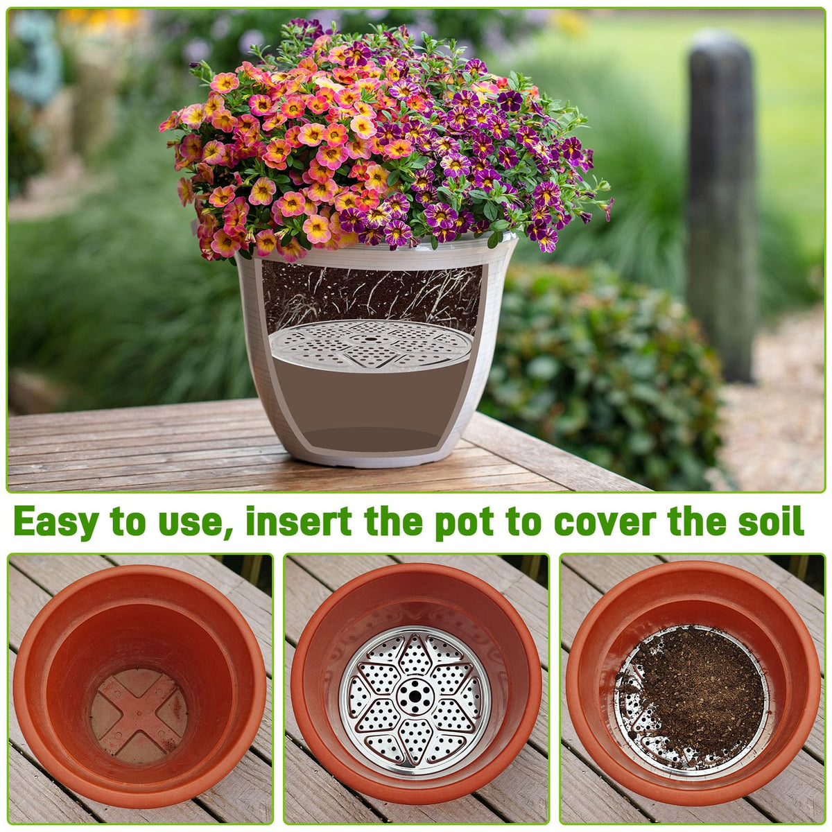 6-Pack 10/11/13-Inch Round Planter Insert, Planter Inserts for large Pots with Drainage Holes, Use Less Potting Soil, Plant Risers for Inside Pots for Tall or Short Planters for Indoor & Outdoor Use