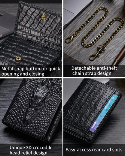 Steel Lion Mens Trifold Wallet Leather RFID Blocking, Crocodile Embossed Slim Wallet with 2 ID Window, 11 Card Slots, Detachable Anti-Theft Chain, Compact Wallet for Business Travel Daily Use (Black)