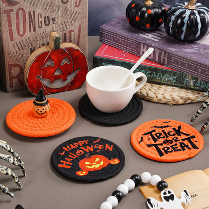 Whaline Happy Halloween Cotton Coasters Black Orange Pumpkin Face Handmade Braided Drink Coasters Trick or Treat Absorbent Cup Mats for Party Home Table Decor, Set of 4