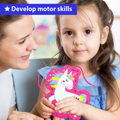 KRAFUN My First Lacing Cards Kit for Girls Age 3+, 10 Princess Unicorn Mermaid Arts & Crafts Projects, Fine Motor Skills Toys with Castle Fairy Crown Seahorse Starfish