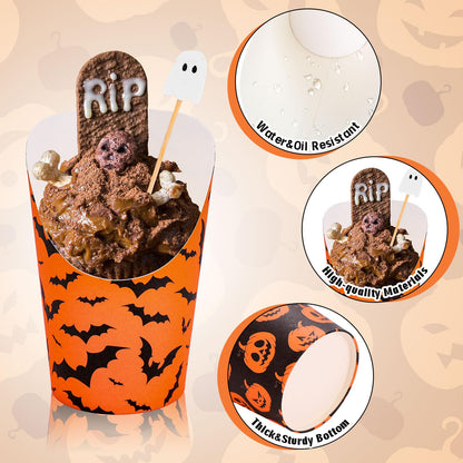 Whaline 100 Sets Halloween Charcuterie Cups with Sticks Bags Twist Ties 14Oz Black-Orange Ghost Pumpkin Bat Spider Web French Fry Holder for Trick or Treat Party Supplies
