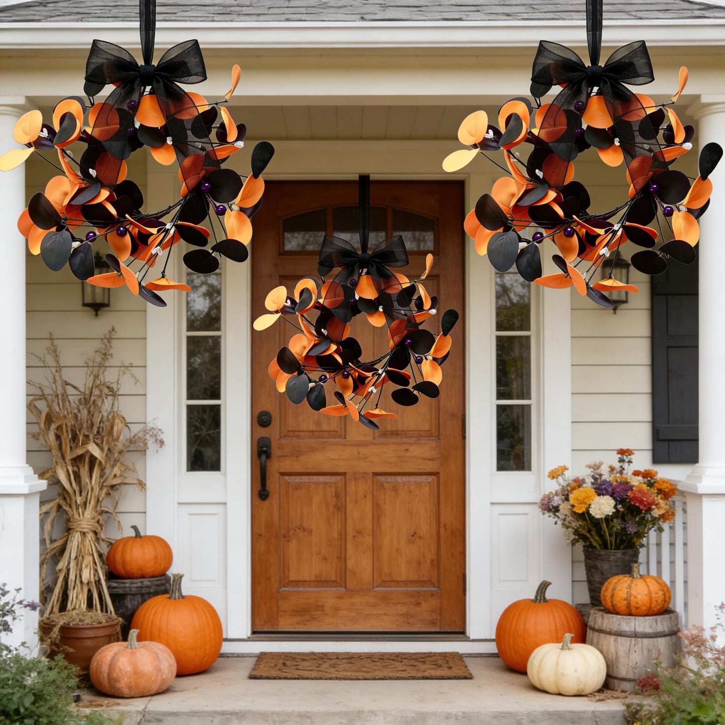 4 Pcs Small Halloween Hanging Wreaths with Artificial Orange Black Eucalyptus Leaves Dark Purple Berry Beads Gothic Mini Cabinet Wreath for Home Table Centerpieces Kitchen Halloween Party Decor