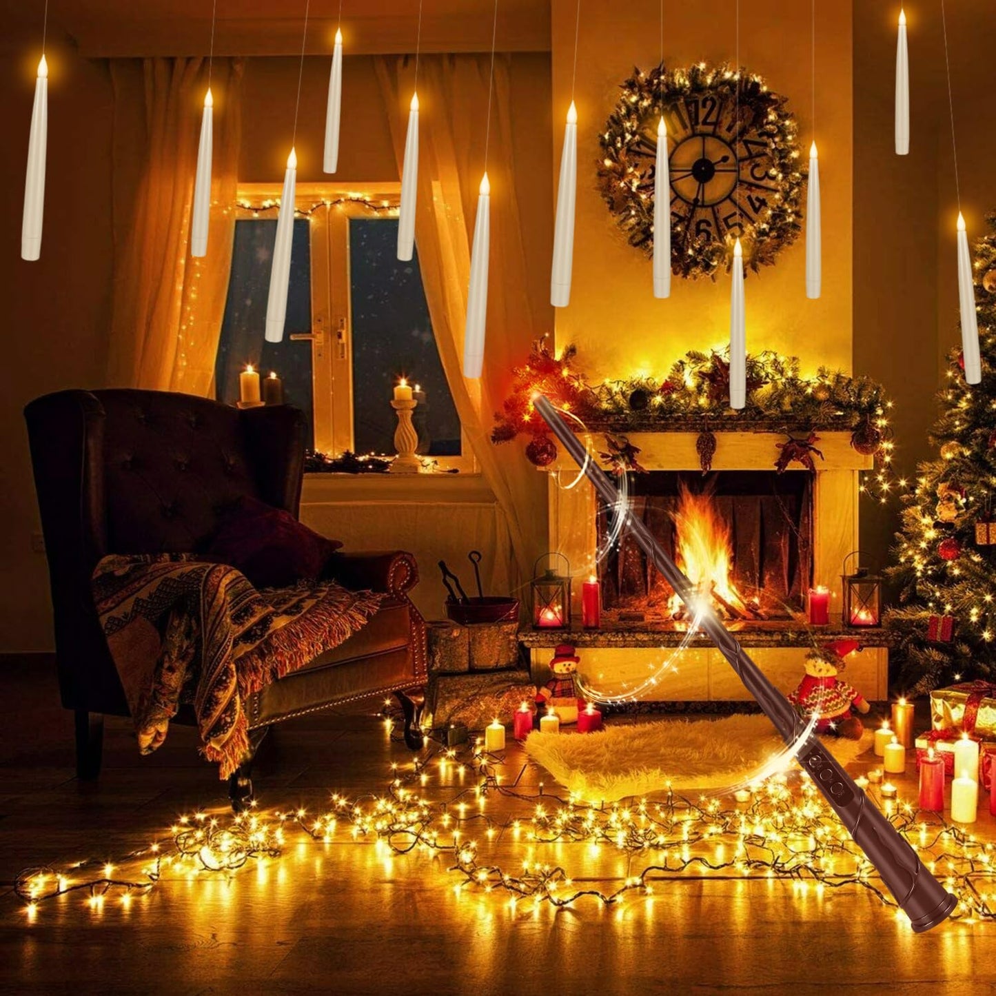 CAKETYCG 24 Pcs Halloween LED Magic Hanging Floating Candles, Taper Flickering Flameless with 2 Magic Wands - Candle Set for Halloween, Christmas, Weddings, Birthdays & Fantasy Ambiance...