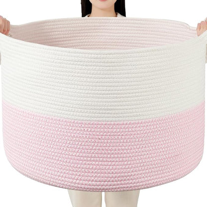 Foldable Laundry Hamper Basket with Collapsible Handle Cotton Rope Soft Woven Fabric Storage Organizer Clothes Toys Nursery Bedroom Dorm Space Saving Bin (White & Pink, 80L(21.7"D x 13.8"H))