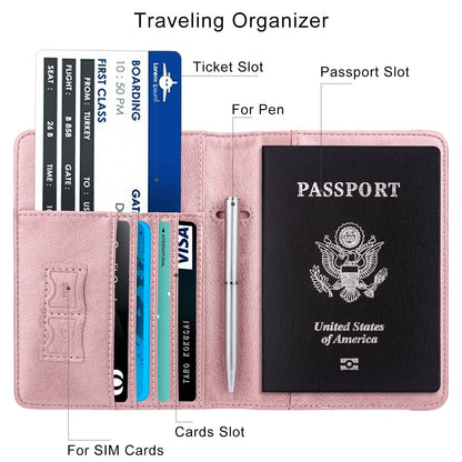 WALNEW Passport Holder for Travel, RFID Passport Cover Wallet for Women Men, PU Leather Passport Book Card Holder Case with Pen (Elastic Band Closure, AA-Brown+Rosegold)