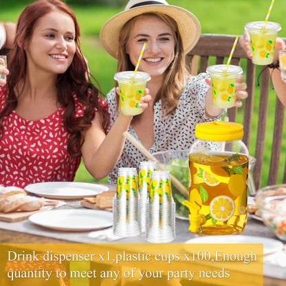Umigy Lemonade Stand Supplies, 1 Gallon Plastic Drink Dispenser with Spigot, 100 Pcs 16 oz Lemon Disposable Plastic Cups with Lids and Straws, for Party Beverage Juice Ice Tea Beer(Lemon,Yellow)