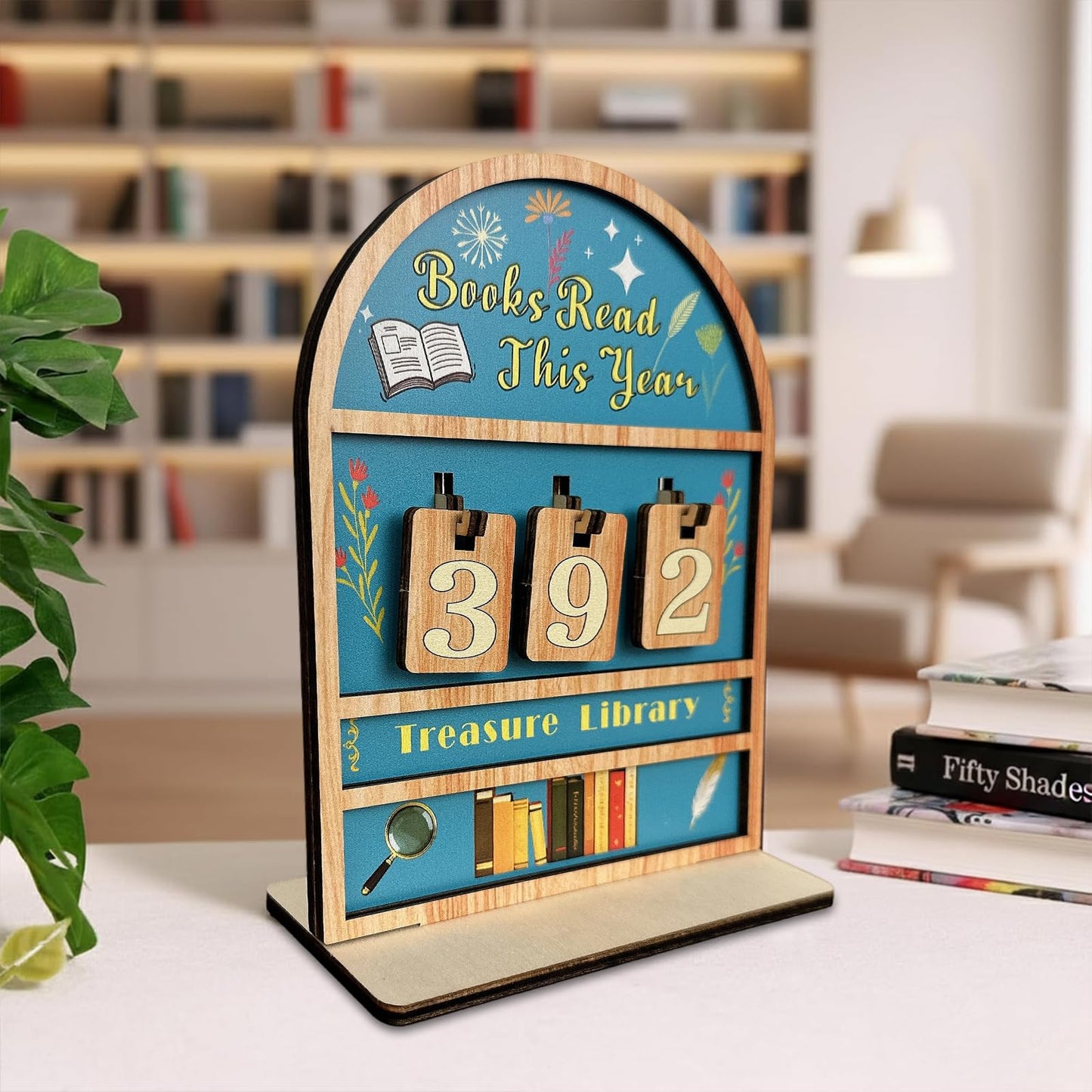 Reading Tracker Counter Sign, Wooden Books Read This Year Display, Book Lover Gift for Librarian, Reader, Teacher, Women, Wall and Table Decor for Home Library, Teachers, Book Lovers（light blue）
